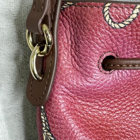 Talbots Leather Bucket Bag Womens Brown Red Equestrian Print Drawstring Shoulder - Picture 4 of 15